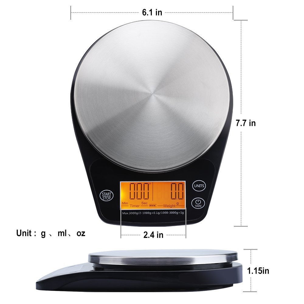 Multifunction LCD Digital Hand Drip Coffee Scale Kitchen Food Scale with stainless steel top and LCD display.
