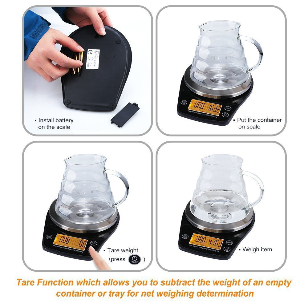 Multifunction LCD Digital Hand Drip Coffee Scale Kitchen Food Scale with tare function for accurate net weighing