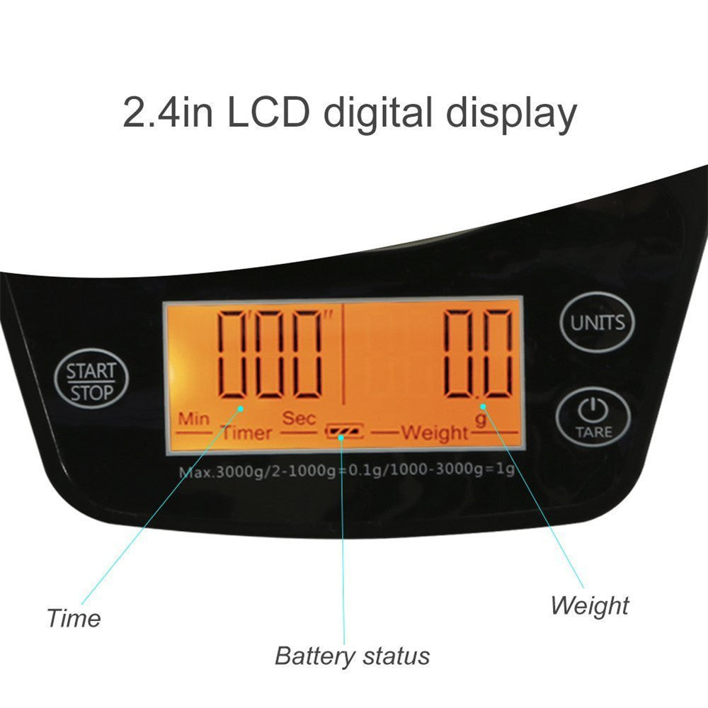 Multifunction LCD Digital Hand Drip Coffee Scale Kitchen Food Scale with 2.4in LCD digital display showing time and weight.